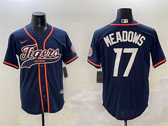 Mens Detroit Tigers #17 Parker Meadows Navy With Patch Cool Base Stitched Jersey
